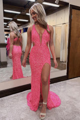 Pink Prom Dress Mermaid Fringed Evening Dress With Slit