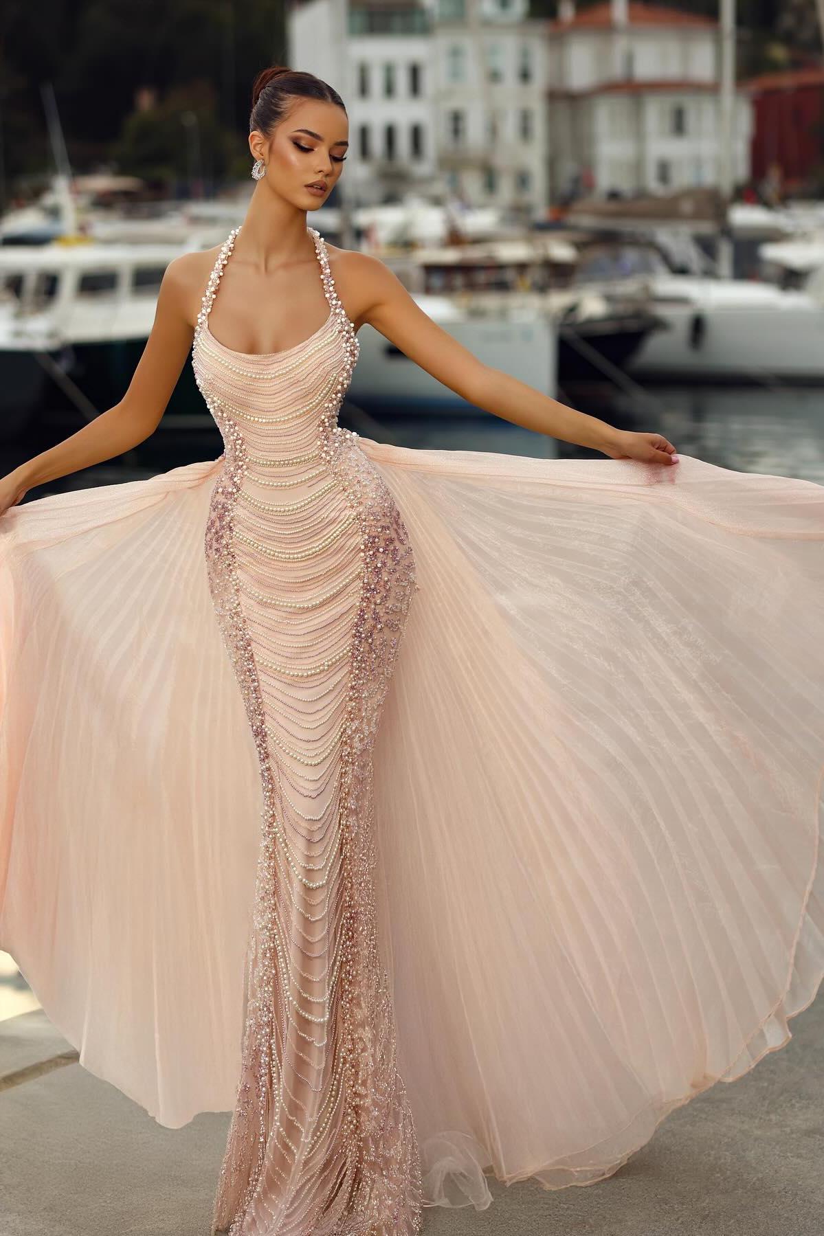 Pink Prom Dress Mermaid Halter Strapless Sleeveless Beaded Pearls Formal Dress With Detachable Train