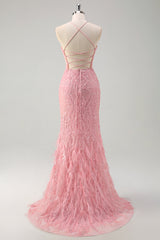 Pink Prom Dress Mermaid Lace Up Back Long Evening Dress with Feather