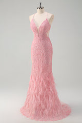 Pink Prom Dress Mermaid Lace Up Back Long Evening Dress with Feather
