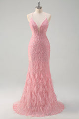 Pink Prom Dress Mermaid Lace Up Back Long Evening Dress with Feather