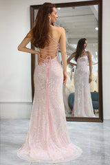 Pink Prom Dress Mermaid Long Appliqued Evening Dress With Slit