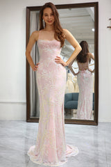 Pink Prom Dress Mermaid Long Appliqued Evening Dress With Slit