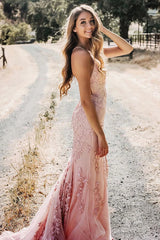 Pink Prom Dress Mermaid Long Evening Dress with Appliques