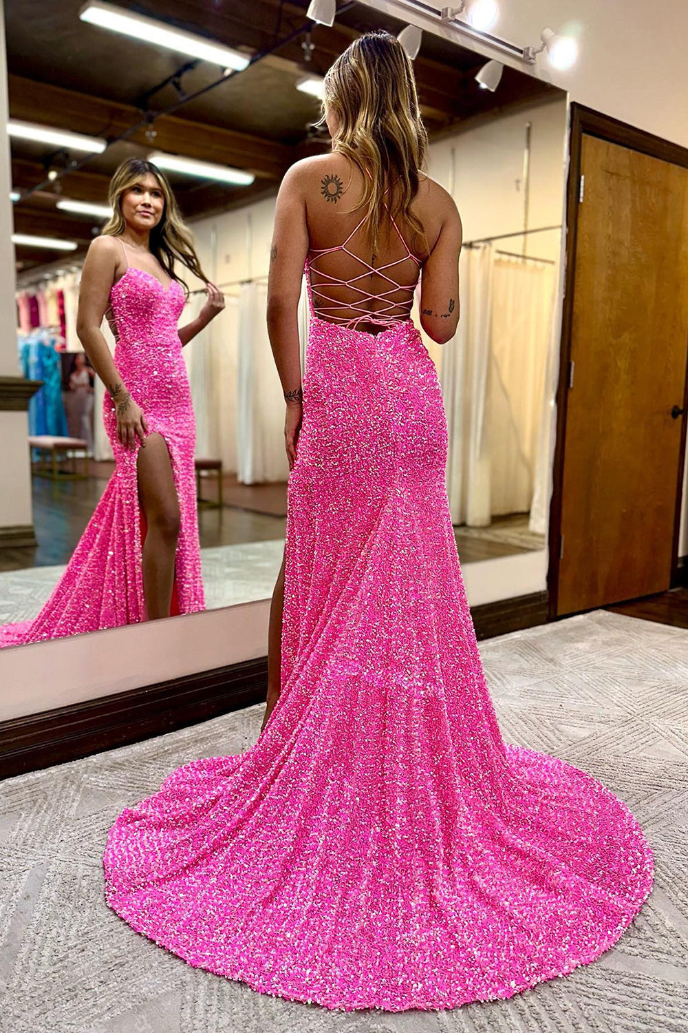 Pink Prom Dress Mermaid Sequined Long Evening Dress with Slit