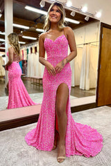 Pink Prom Dress Mermaid Sequined Long Evening Dress with Slit