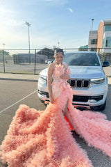 Pink Prom Dress Mermaid Sleeveless Beading Pearls Formal Dress With Slit