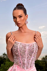 Pink Prom Dress Mermaid Spaghetti Straps Beading Pearls Satin Formal Dress With Slit