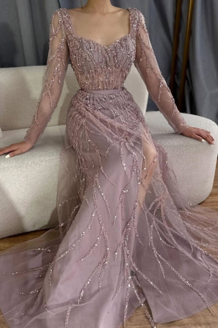 Pink Prom Dress Mermaid Square Sequined Sleeves Detachable Tulle Sweep Train Satin Formal Dress With Slit