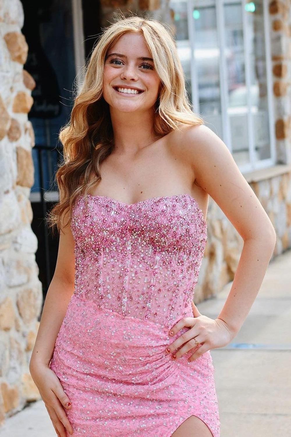 Pink Prom Dress Mermaid Strapless Corset Long Evening Dress with Slit