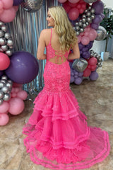 Pink Prom Dress Mermaid Tiered Spaghetti Straps Long Evening Dress With Slit