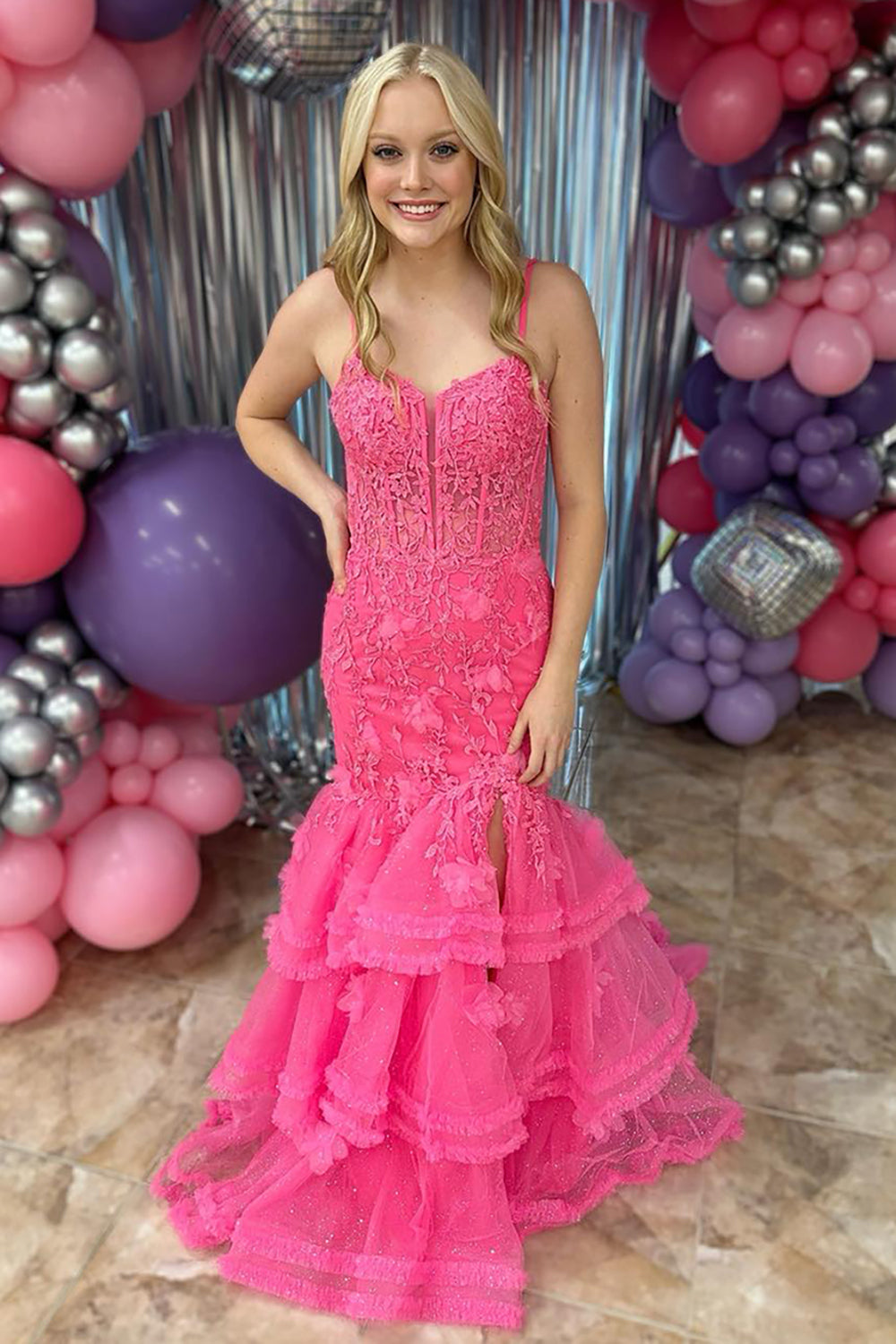 Pink Prom Dress Mermaid Tiered Spaghetti Straps Long Evening Dress With Slit