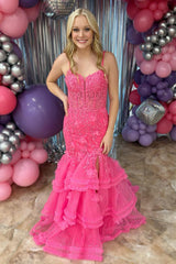 Pink Prom Dress Mermaid Tiered Spaghetti Straps Long Evening Dress With Slit