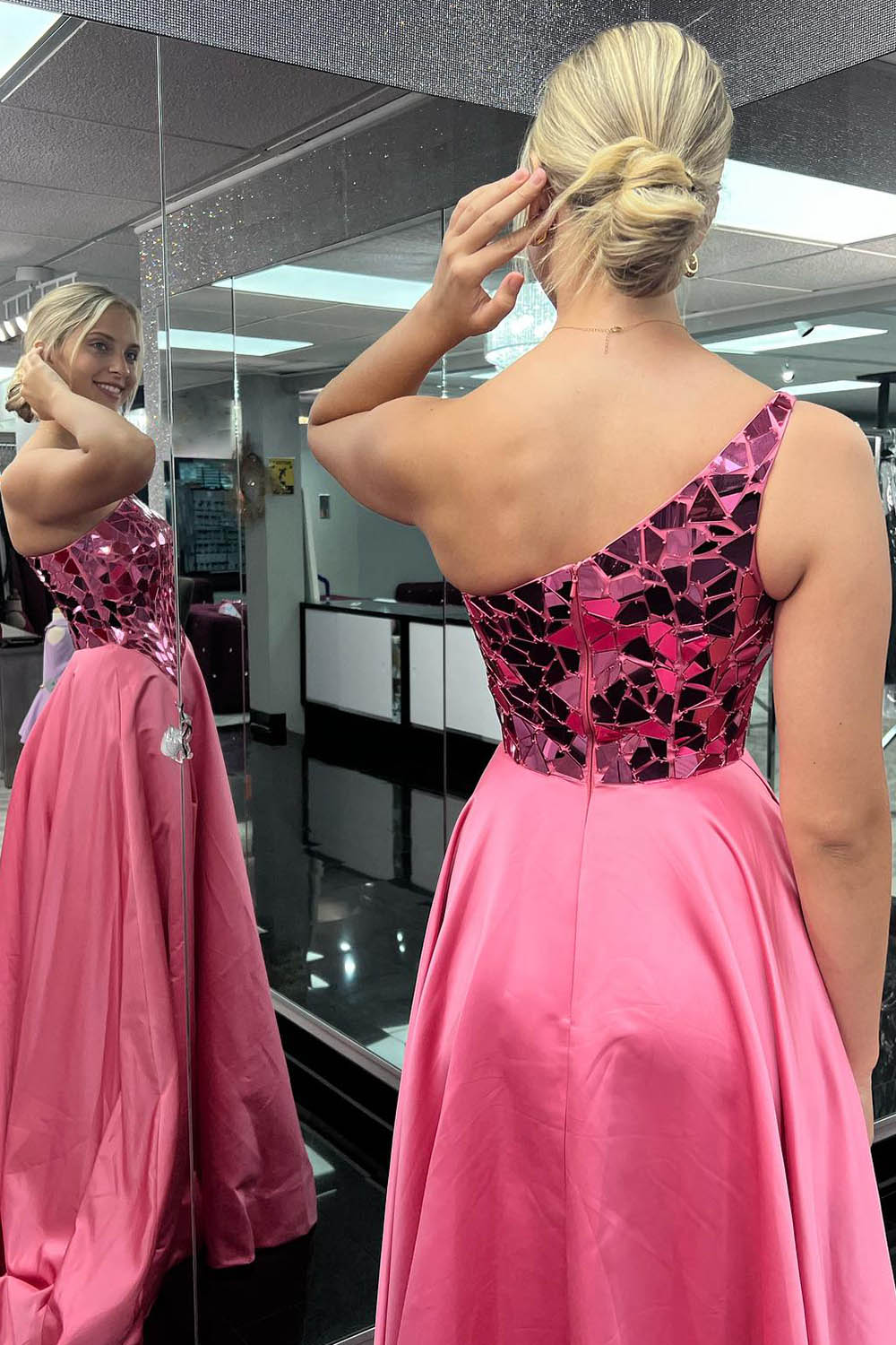 Pink Prom Dress Mirror One Shoulder Long Evening Dress with Slit –  Dreamyannie UK