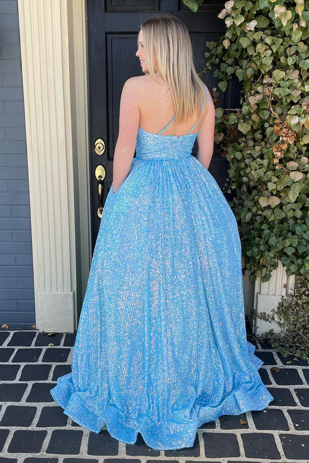 Pink Prom Dress One Shoulder A Line Sequined Evening Dress