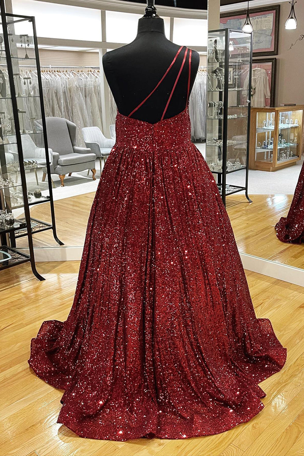 Pink Prom Dress One Shoulder A Line Sequined Evening Dress