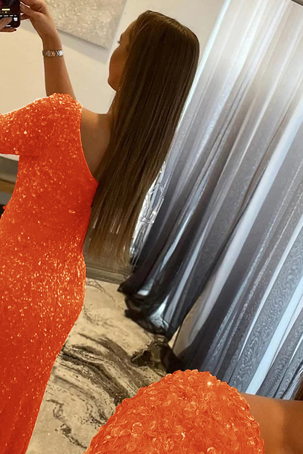 Pink Prom Dress One Shoulder Sequined Evening Dress