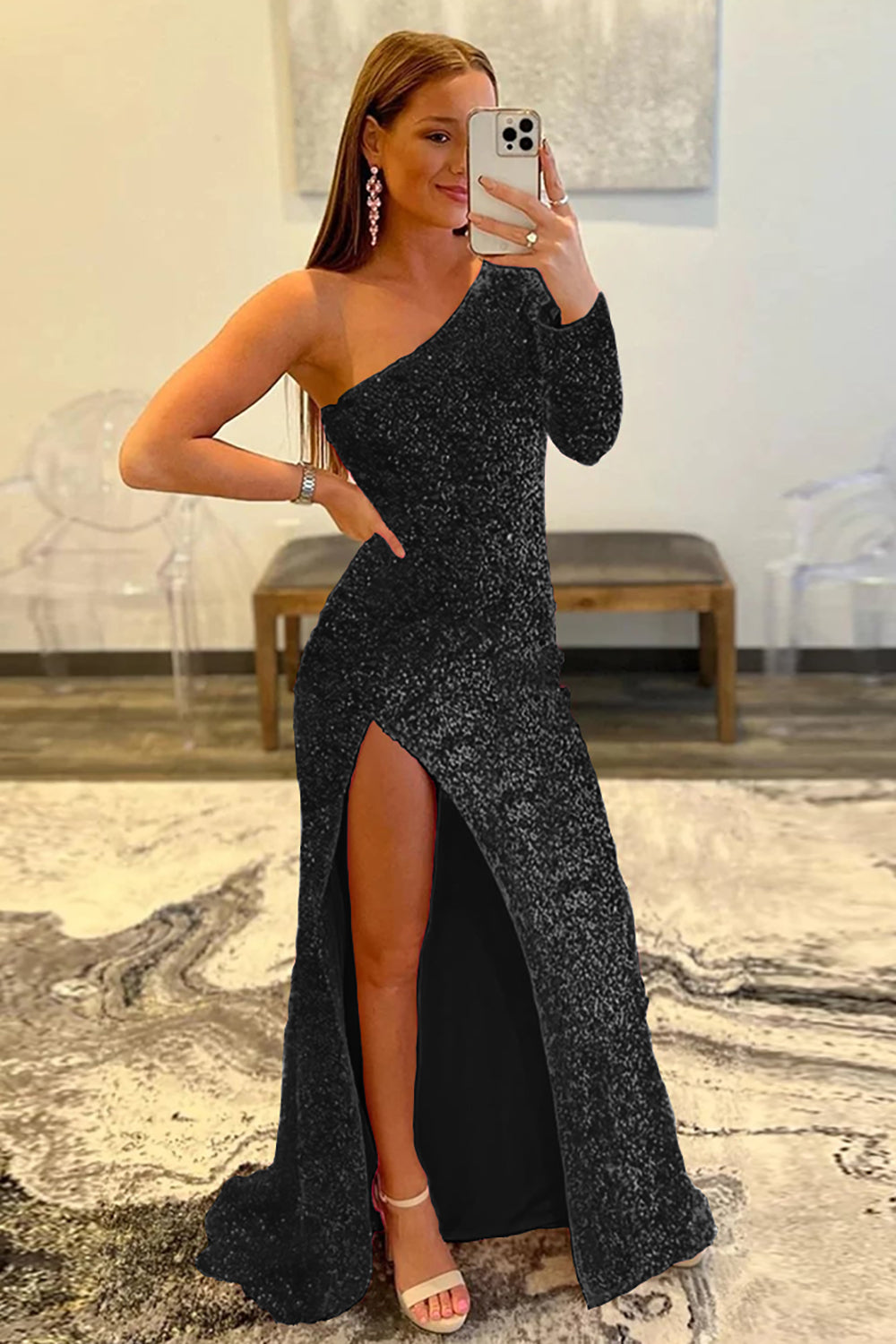 Pink Prom Dress One Shoulder Sequined Evening Dress