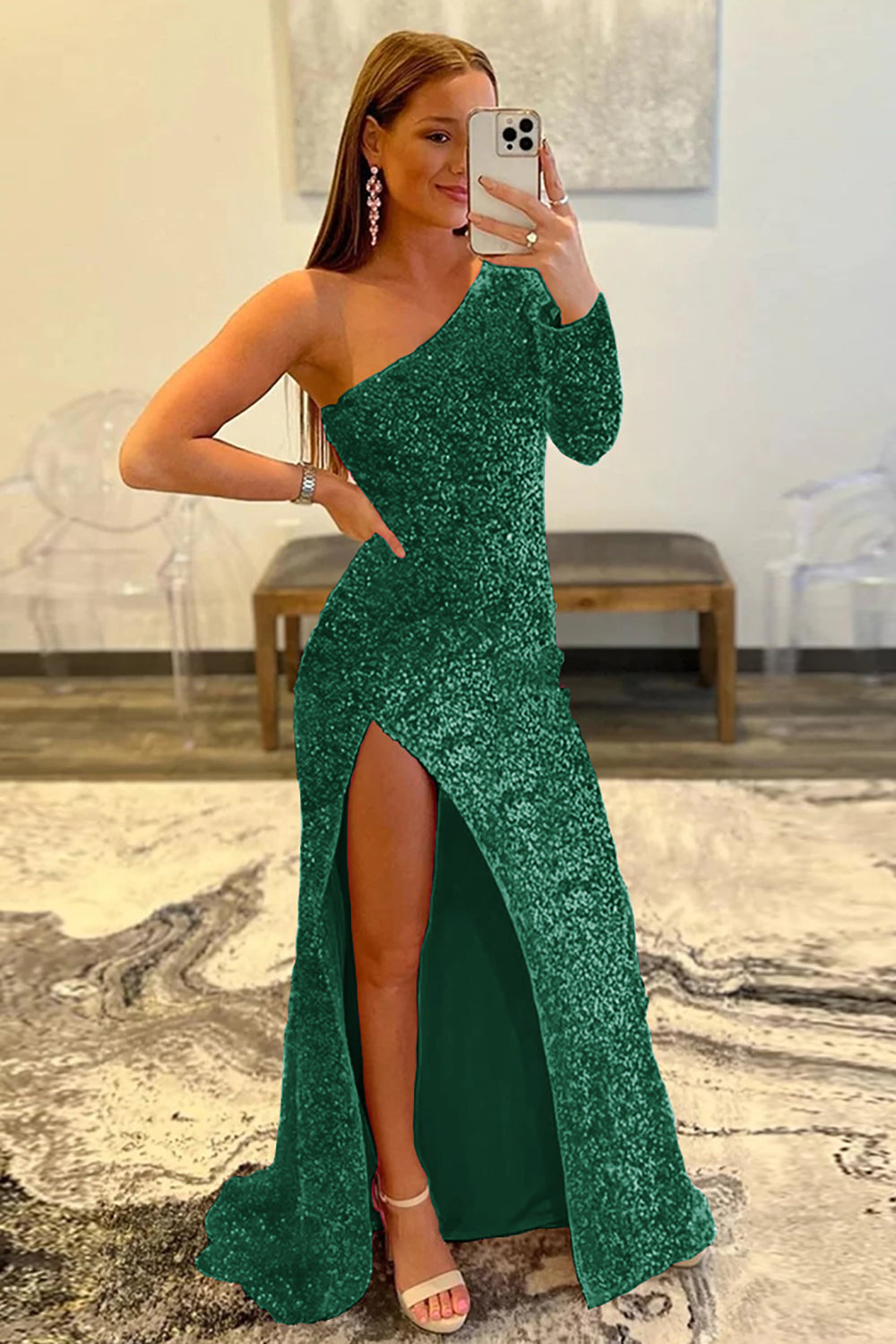 Pink Prom Dress One Shoulder Sequined Evening Dress