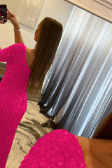 Pink Prom Dress One Shoulder Sequined Evening Dress