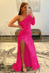 Pink Prom Dress One Shoulder Sequined Evening Dress