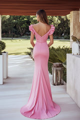 Pink Wedding Guest Dress Satin Mermaid Ruched Long Evening Dress With Ruffled Sleeves