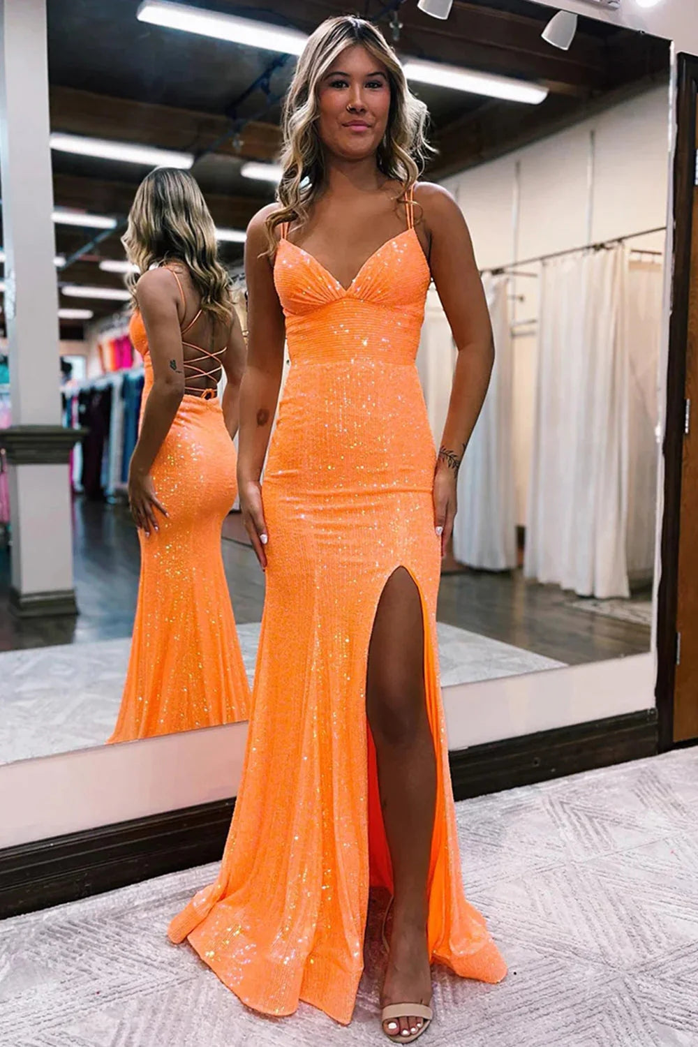 Pink Prom Dress Sequined Mermaid Evening Dress