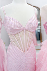 Pink Prom Dress Sequins Corset Lace Mermaid Long Formal Dress With Slit