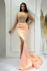 Pink Prom Dress Sleeveless Beaded Satin Slit Panel Train Formal Dress With Rhinestones