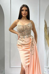 Pink Prom Dress Sleeveless Beaded Satin Slit Panel Train Formal Dress With Rhinestones