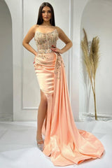 Pink Prom Dress Sleeveless Beaded Satin Slit Panel Train Formal Dress With Rhinestones