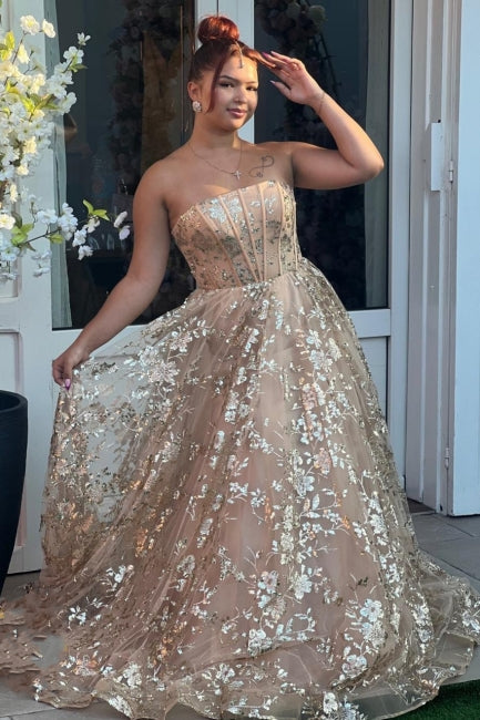 Pink Prom Dress Strapless A Line Sleeveless Beaded Lace Up Tulle Formal Dress With Appliques