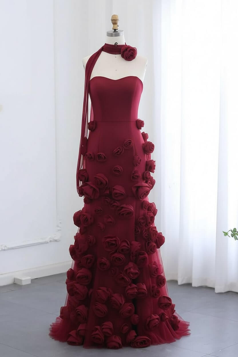 Pink Prom Dress Strapless Mermaid 3D Flowers Formal Dress With Slit