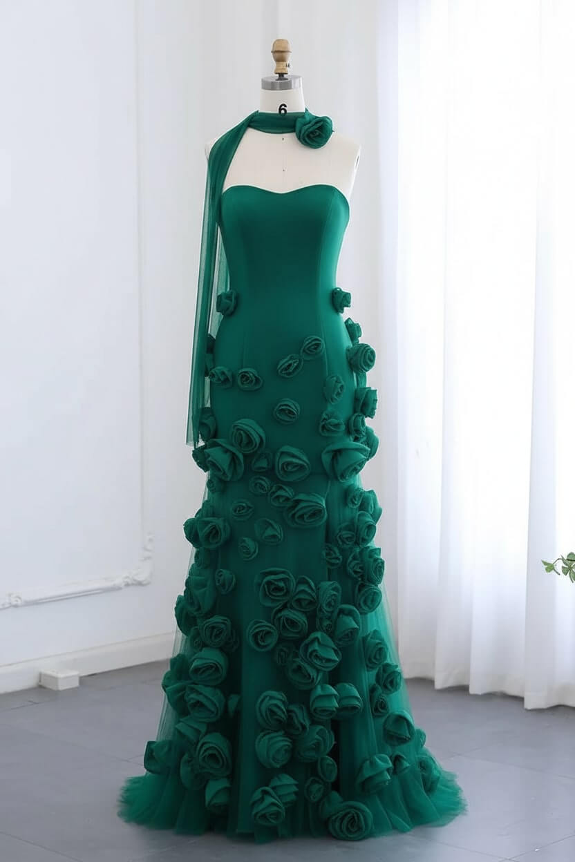 Pink Prom Dress Strapless Mermaid 3D Flowers Formal Dress With Slit