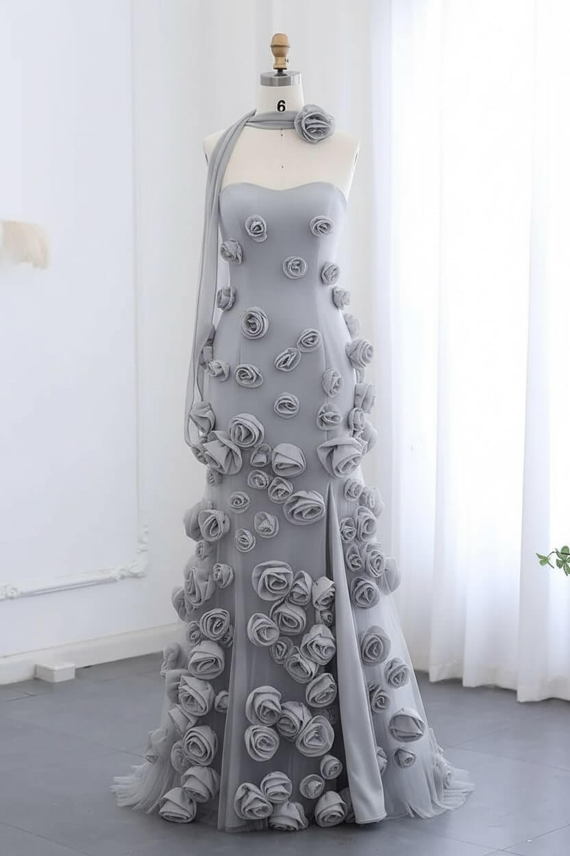 Pink Prom Dress Strapless Mermaid 3D Flowers Formal Dress With Slit