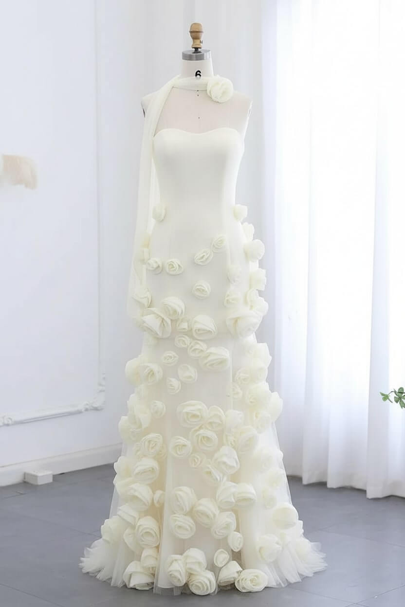 Pink Prom Dress Strapless Mermaid 3D Flowers Formal Dress With Slit