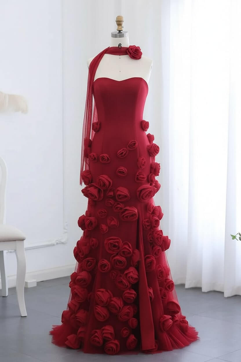 Pink Prom Dress Strapless Mermaid 3D Flowers Formal Dress With Slit