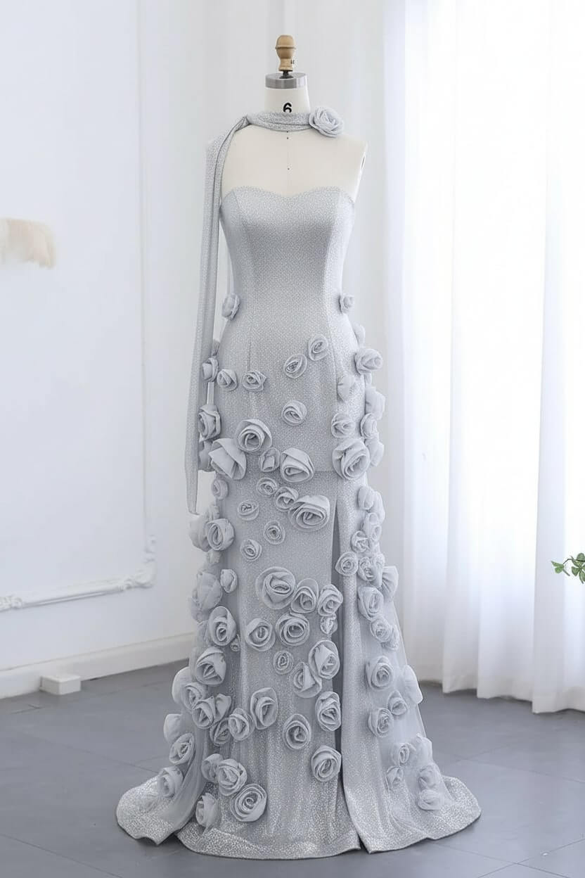 Pink Prom Dress Strapless Mermaid 3D Flowers Formal Dress With Slit