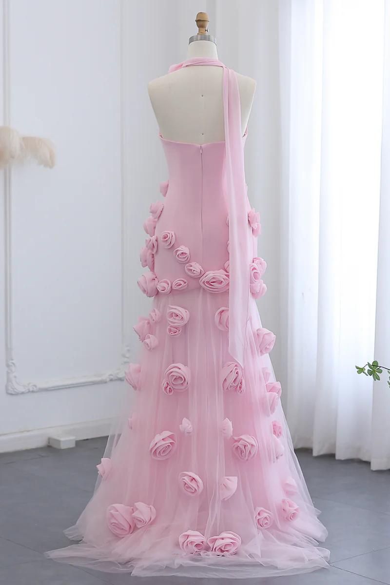 Pink Prom Dress Strapless Mermaid 3D Flowers Formal Dress With Slit