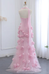 Pink Prom Dress Strapless Mermaid 3D Flowers Formal Dress With Slit