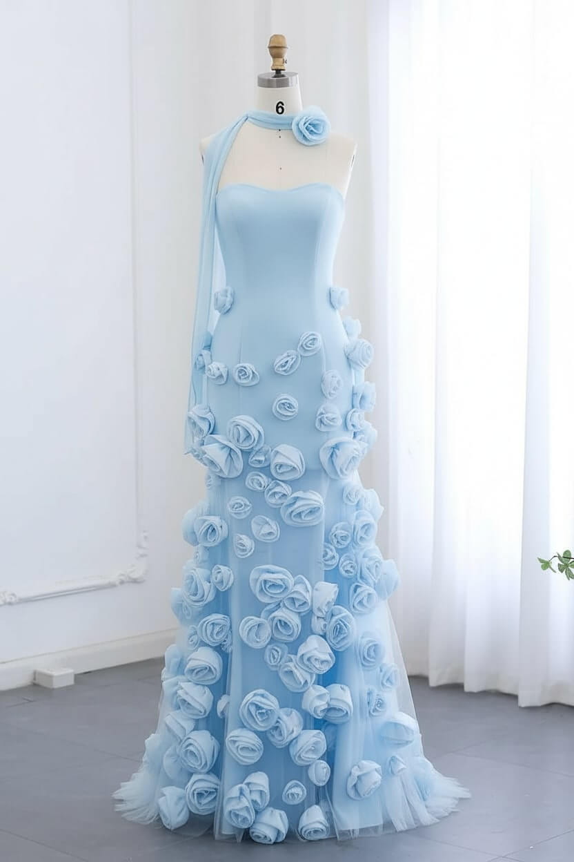 Pink Prom Dress Strapless Mermaid 3D Flowers Formal Dress With Slit