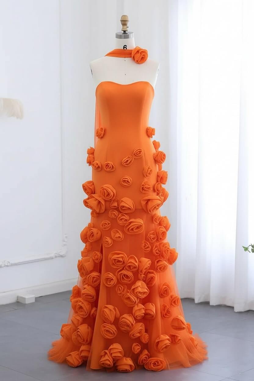 Pink Prom Dress Strapless Mermaid 3D Flowers Formal Dress With Slit