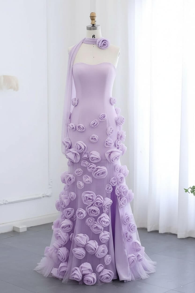 Pink Prom Dress Strapless Mermaid 3D Flowers Formal Dress With Slit