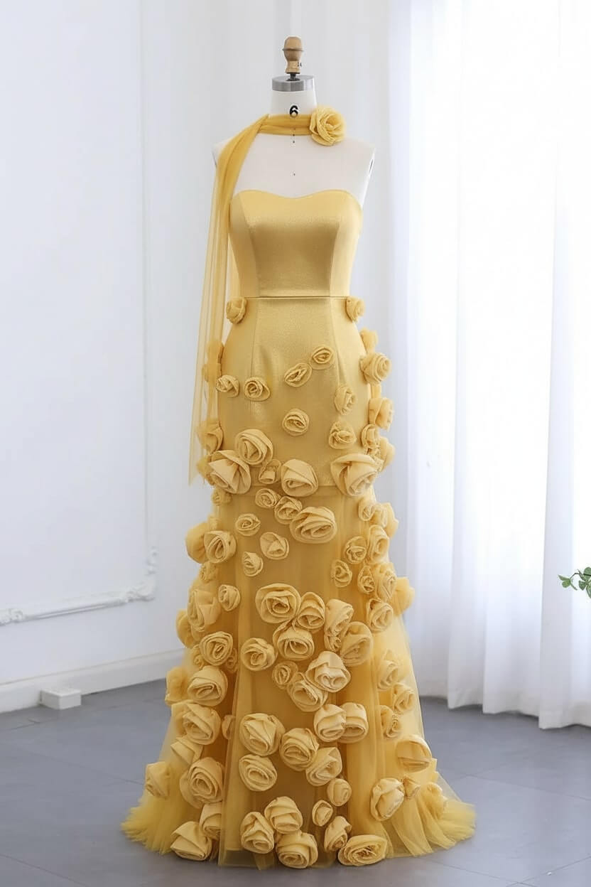 Pink Prom Dress Strapless Mermaid 3D Flowers Formal Dress With Slit