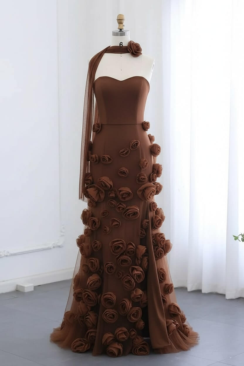 Pink Prom Dress Strapless Mermaid 3D Flowers Formal Dress With Slit