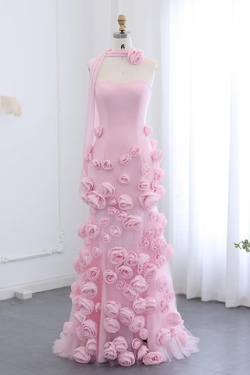 Pink Prom Dress Strapless Mermaid 3D Flowers Formal Dress With Slit