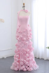 Pink Prom Dress Strapless Mermaid 3D Flowers Formal Dress With Slit