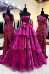 Pink Prom Dress Strapless Ruffled Long Formal Dress With Bow