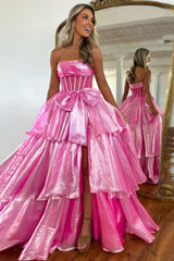 Pink Prom Dress Strapless Ruffled Long Formal Dress With Bow