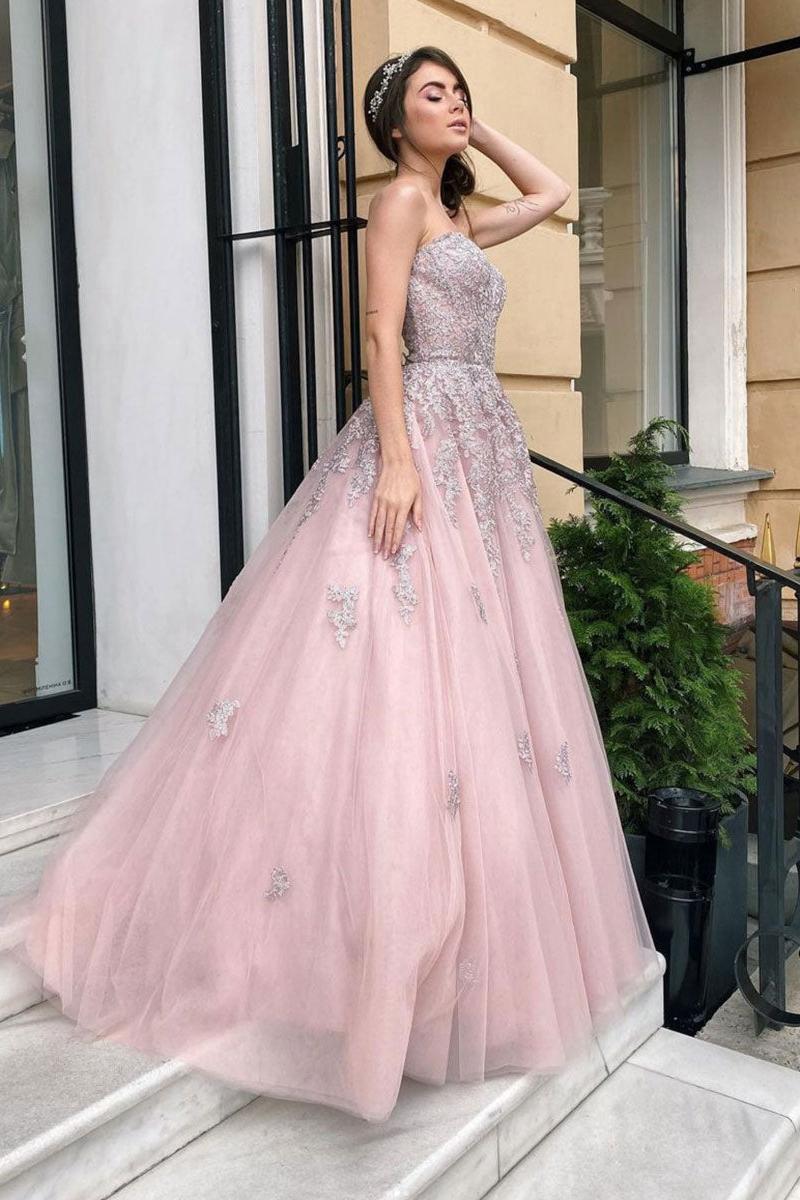 Pink Prom Dress Tulle Lace Long Evening Dress